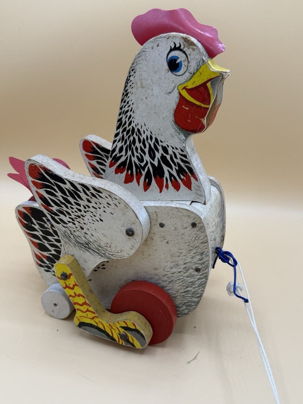 Vintage Fisher Price The Cackling Hen #120 Wooden Pull Toy Works Great
